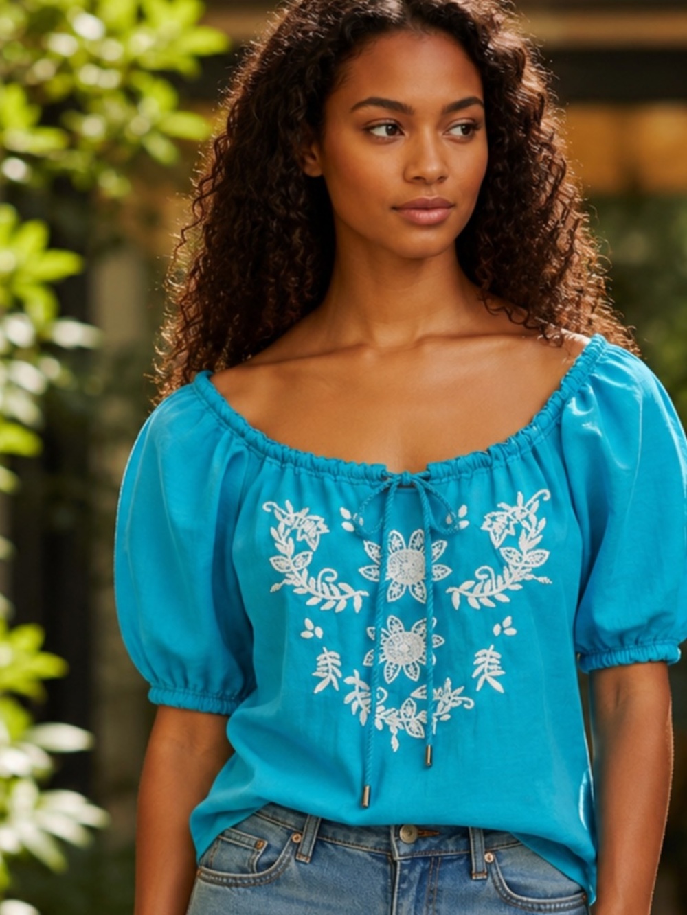 NWOT Adobe Rose Blue Boho Embroidered Drawstring Top 100% Cotton L